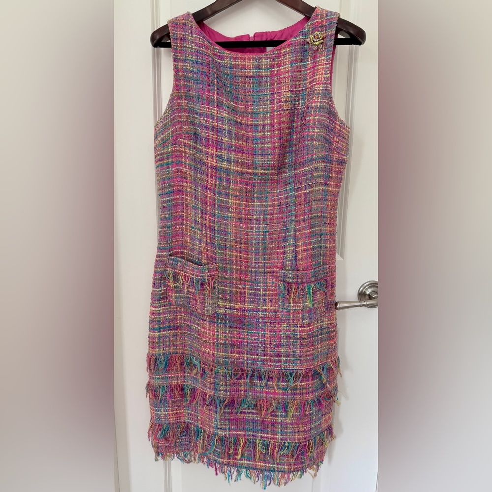 David Meister Pink and Multicolored Tweed Sleeveless Dress Size 12